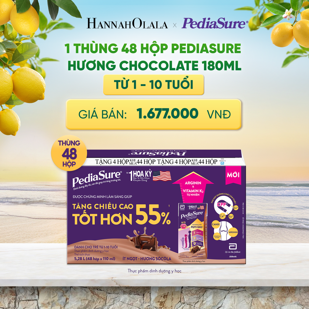  1 THÙNG 48 HỘP PEDIASURE HƯƠNG CHOCOLATE 180ML (DÙNG CHO BÉ 1-10 TUỔI) DEAL 9: 