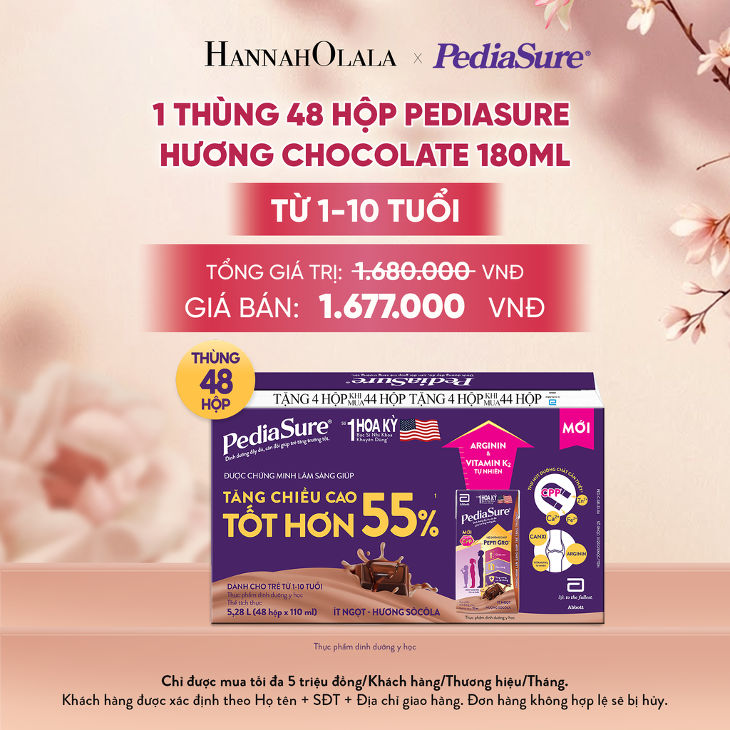  1 THÙNG 48 HỘP PEDIASURE HƯƠNG CHOCOLATE 180ML (DÙNG CHO BÉ 1-10 TUỔI) DEAL 9: - A2113 