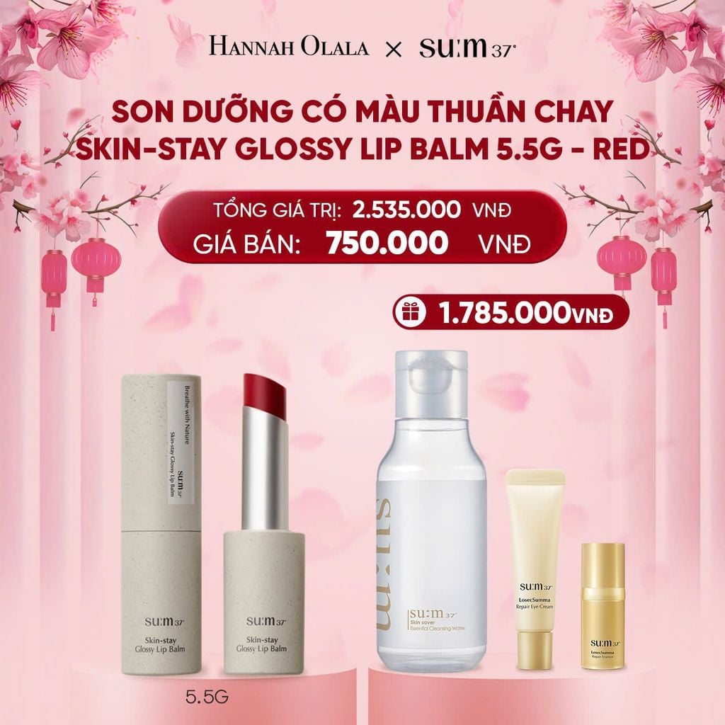  DEAL 9: SON DƯỠNG CÓ MÀU THUẦN CHAY SU:M37 SKIN-STAY GLOSSY LIP BALM 5.5G - RED 