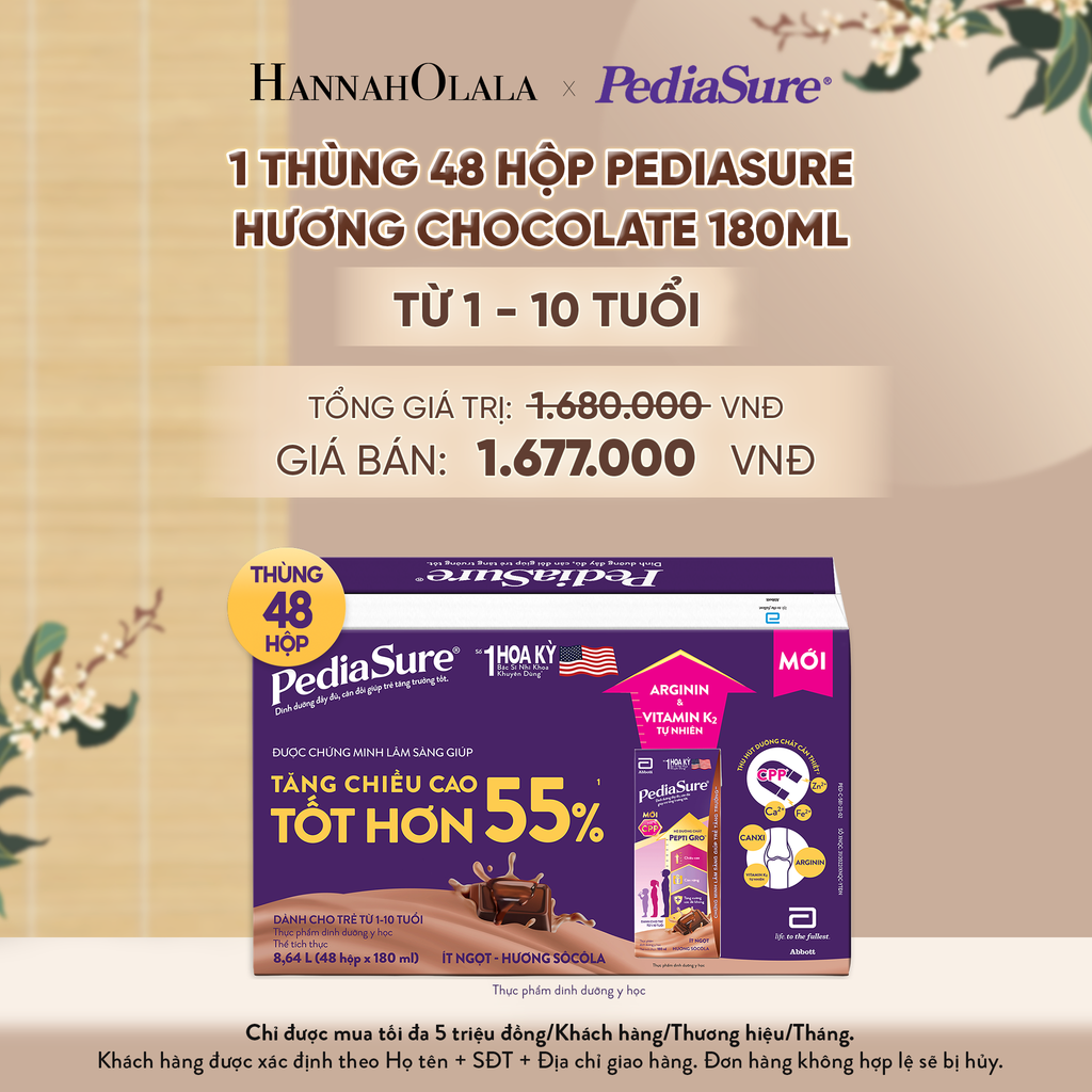  1 THÙNG 48 HỘP PEDIASURE HƯƠNG CHOCOLATE 180ML (DÙNG CHO BÉ 1-10 TUỔI) - A901 