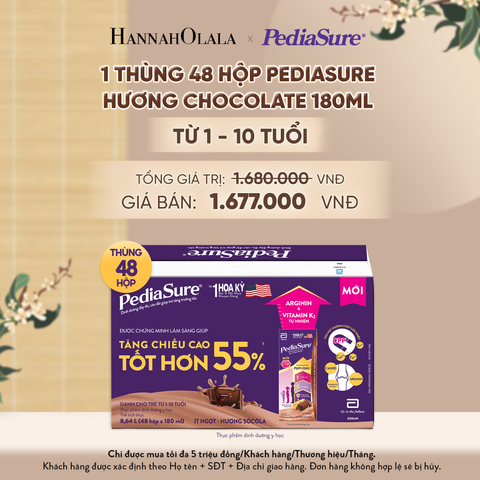  1 THÙNG 48 HỘP PEDIASURE HƯƠNG CHOCOLATE 180ML (DÙNG CHO BÉ 1-10 TUỔI) - A901 