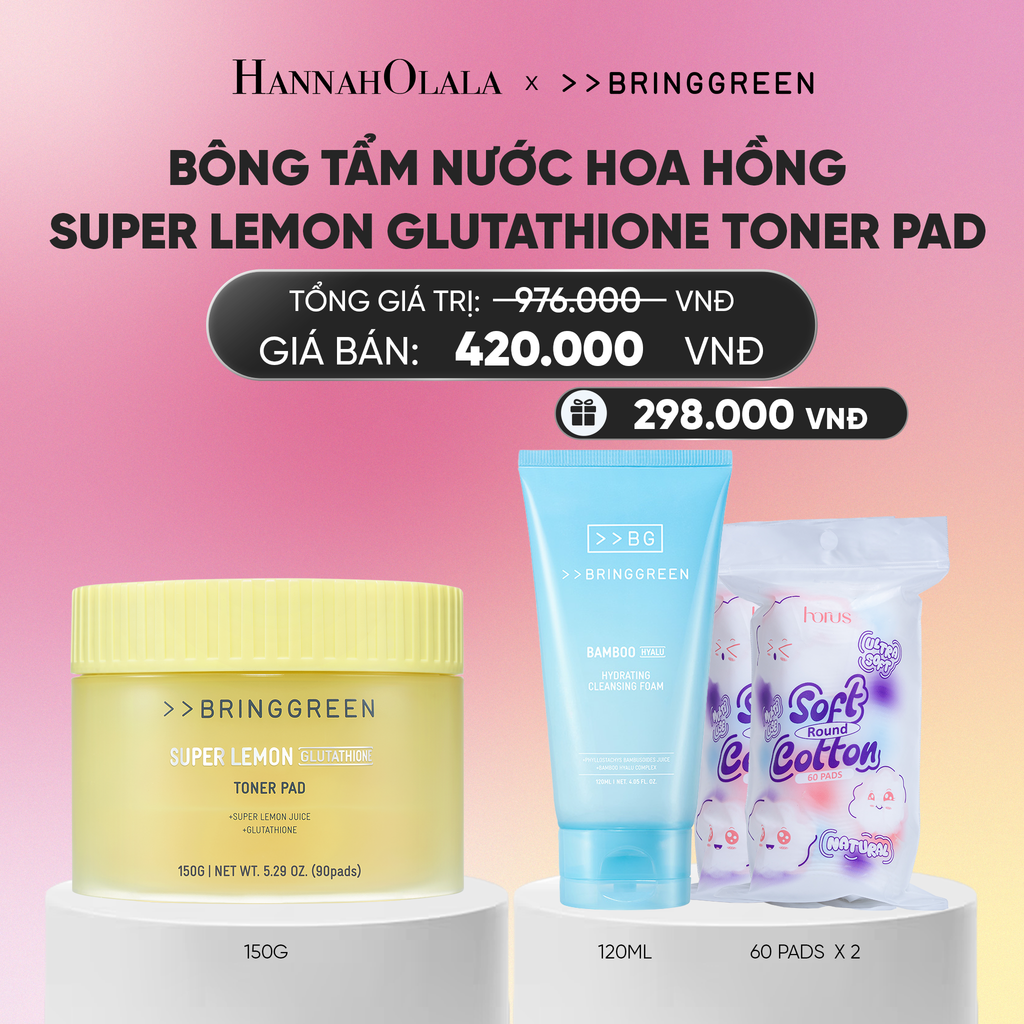  BÔNG TẨM NƯỚC HOA HỒNG HỖ TRỢ DƯỠNG SÁNG BRING GREEN SUPER LEMON GLUTATHIONE TONER PAD 150G (90 MIẾNG)_A2028 