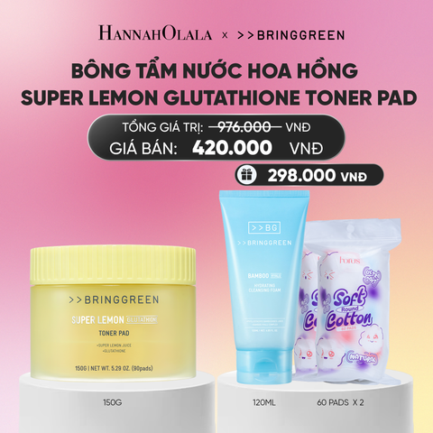  BÔNG TẨM NƯỚC HOA HỒNG HỖ TRỢ DƯỠNG SÁNG BRING GREEN SUPER LEMON GLUTATHIONE TONER PAD 150G (90 MIẾNG)_A2028 