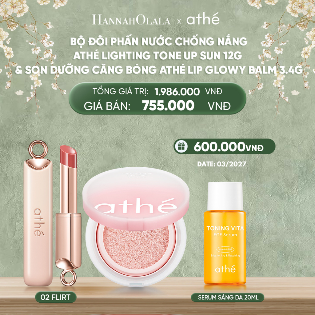 D981_DEAL 4: COMBO PHẤN NƯỚC CHỐNG NẮNG ATHÉ LIGHTING TONE UP SUN CUSHION SÁNG DA NÂNG TONE TỰ NHIÊN 12G + SON DƯỠNG CĂNG BÓNG ATHÉ LIP GLOWY BALM 3.4G (MÀU 02 FLIRT) 