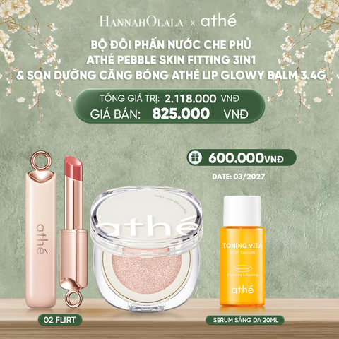  D984_DEAL 5: COMBO PHẤN NƯỚC CHE PHỦ ATHÉ PEBBLE SKIN FITTING CUSHION 3IN1 CHO LỚP NỀN MỊN MÀNG SPF50+ PA++++ & SON DƯỠNG CĂNG BÓNG ATHÉ LIP GLOWY BALM 3.4G (MÀU 02 FLIRT) 