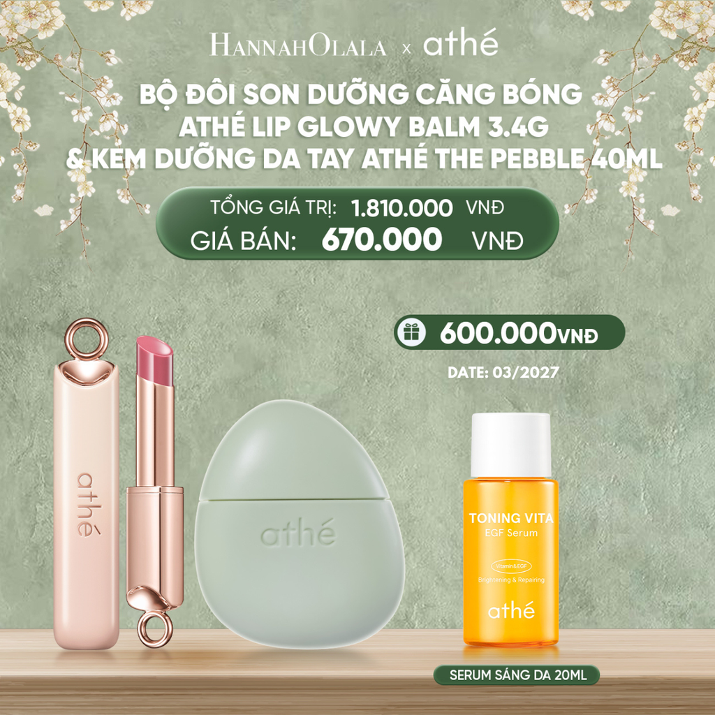  D977_DEAL 3: COMBO SON DƯỠNG CĂNG BÓNG ATHÉ AUTHENTIC LIP GLOWY BALM 3.4G VỚI KEM DƯỠNG DA TAY ATHÉ THE PEBBLE 40ML 