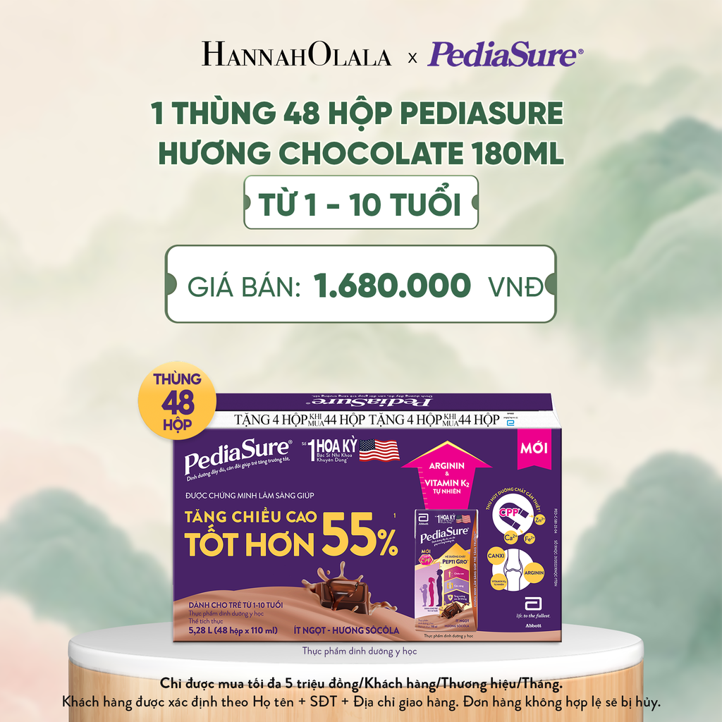  1 THÙNG 48 HỘP PEDIASURE HƯƠNG CHOCOLATE 180ML (DÙNG CHO BÉ 1-10 TUỔI) - A1590 