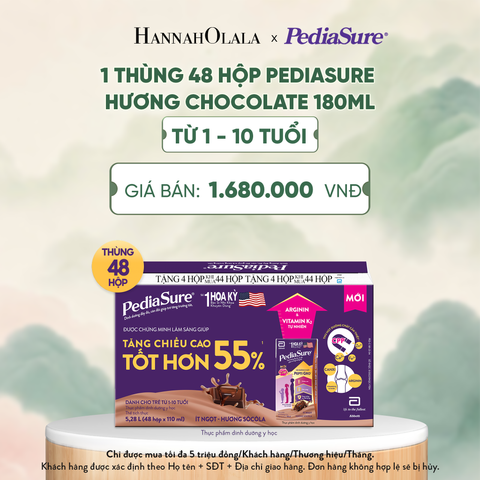  1 THÙNG 48 HỘP PEDIASURE HƯƠNG CHOCOLATE 180ML (DÙNG CHO BÉ 1-10 TUỔI) - A1590 