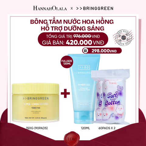  BÔNG TẨM NƯỚC HOA HỒNG HỖ TRỢ DƯỠNG SÁNG BRING GREEN SUPER LEMON GLUTATHIONE TONER PAD 150G (90 MIẾNG)_M49 