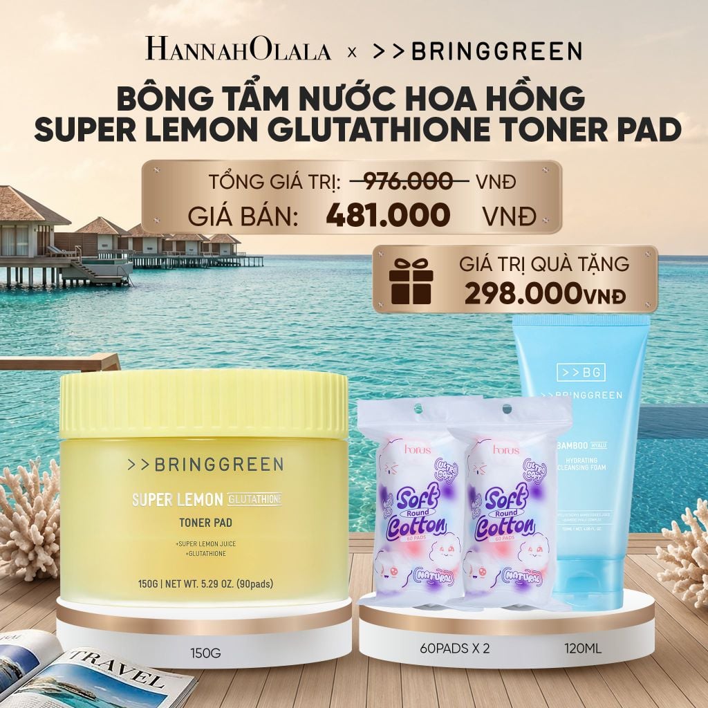  BÔNG TẨM NƯỚC HOA HỒNG HỖ TRỢ DƯỠNG SÁNG BRING GREEN SUPER LEMON GLUTATHIONE TONER PAD 150G (90 MIẾNG)_ D967 