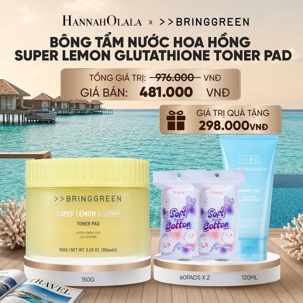  BÔNG TẨM NƯỚC HOA HỒNG HỖ TRỢ DƯỠNG SÁNG BRING GREEN SUPER LEMON GLUTATHIONE TONER PAD 150G (90 MIẾNG)_ D967 