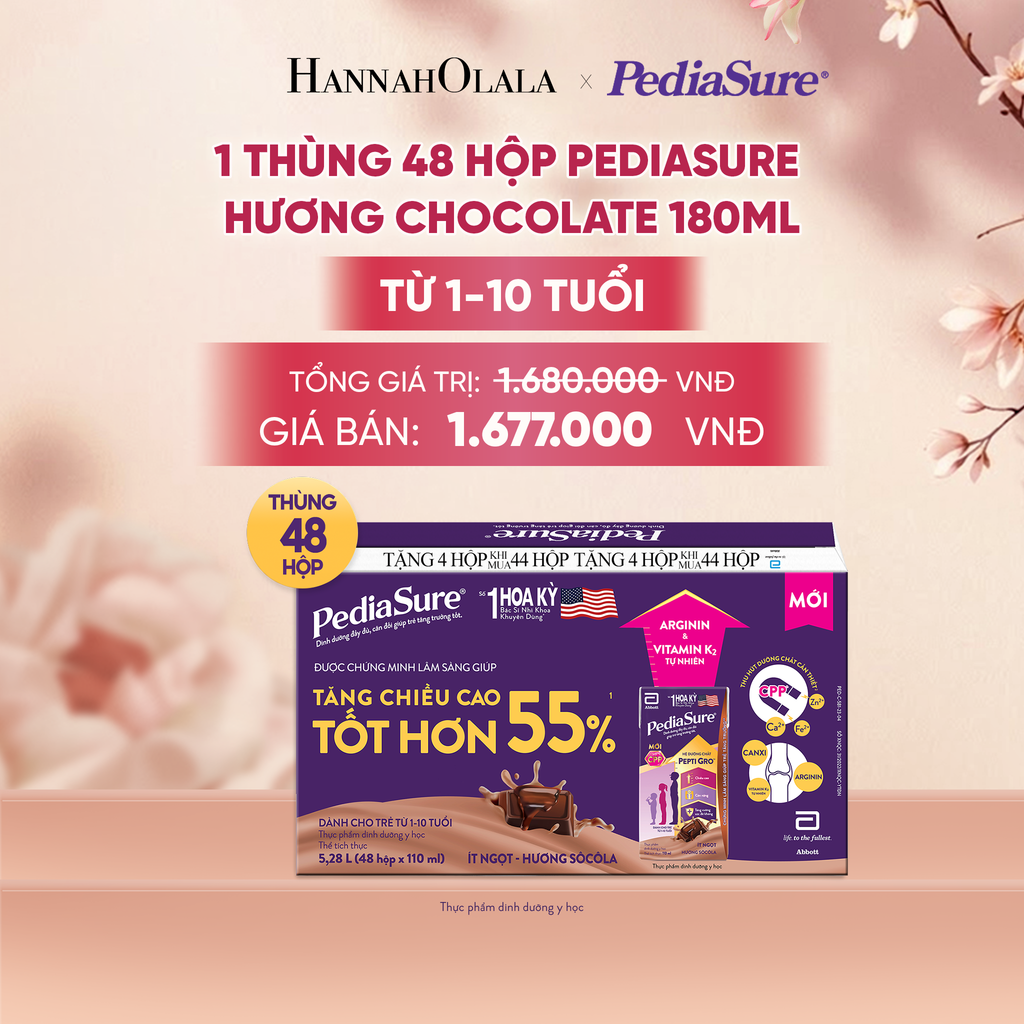  1 THÙNG 48 HỘP PEDIASURE HƯƠNG CHOCOLATE 180ML (DÙNG CHO BÉ 1-10 TUỔI) DEAL 9: - A2113 