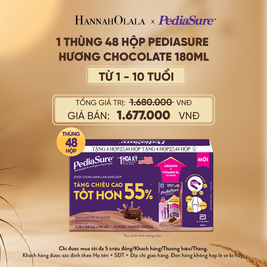  1 THÙNG 48 HỘP PEDIASURE HƯƠNG CHOCOLATE 180ML (DÙNG CHO BÉ 1-10 TUỔI) - E267 