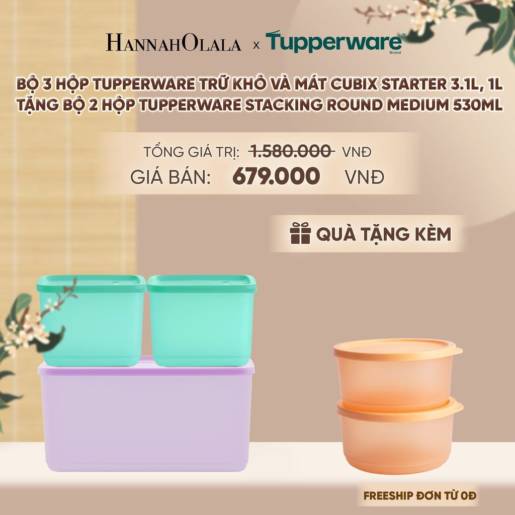  BỘ 3 HỘP ĐỰNG THỰC PHẨM TUPPERWARE TRỮ KHÔ VÀ MÁT CUBIX STARTER 3.1L, 1L (TẶNG BỘ 2 HỘP ĐỰNG THỰC PHẨM TUPPERWARE TRỮ KHÔ VÀ MÁT STACKING ROUND MEDIUM 530ML) - DEAL 22 - A1544 