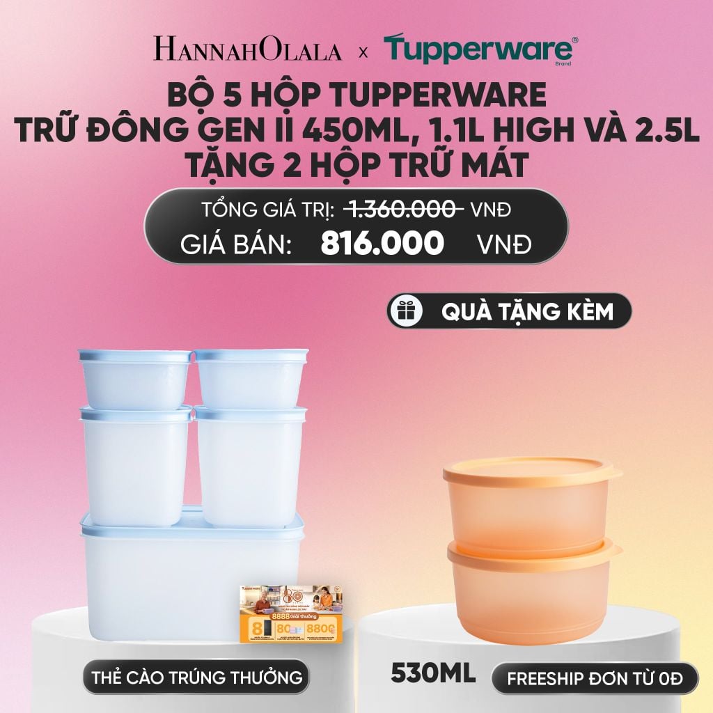  BỘ 5 HỘP ĐỰNG THỰC PHẨM TUPPERWARE TRỮ ĐÔNG GEN II 450ML, 1.1L HIGH VÀ 2.5L TẶNG 2 HỘP TRỮ MÁT_A309 