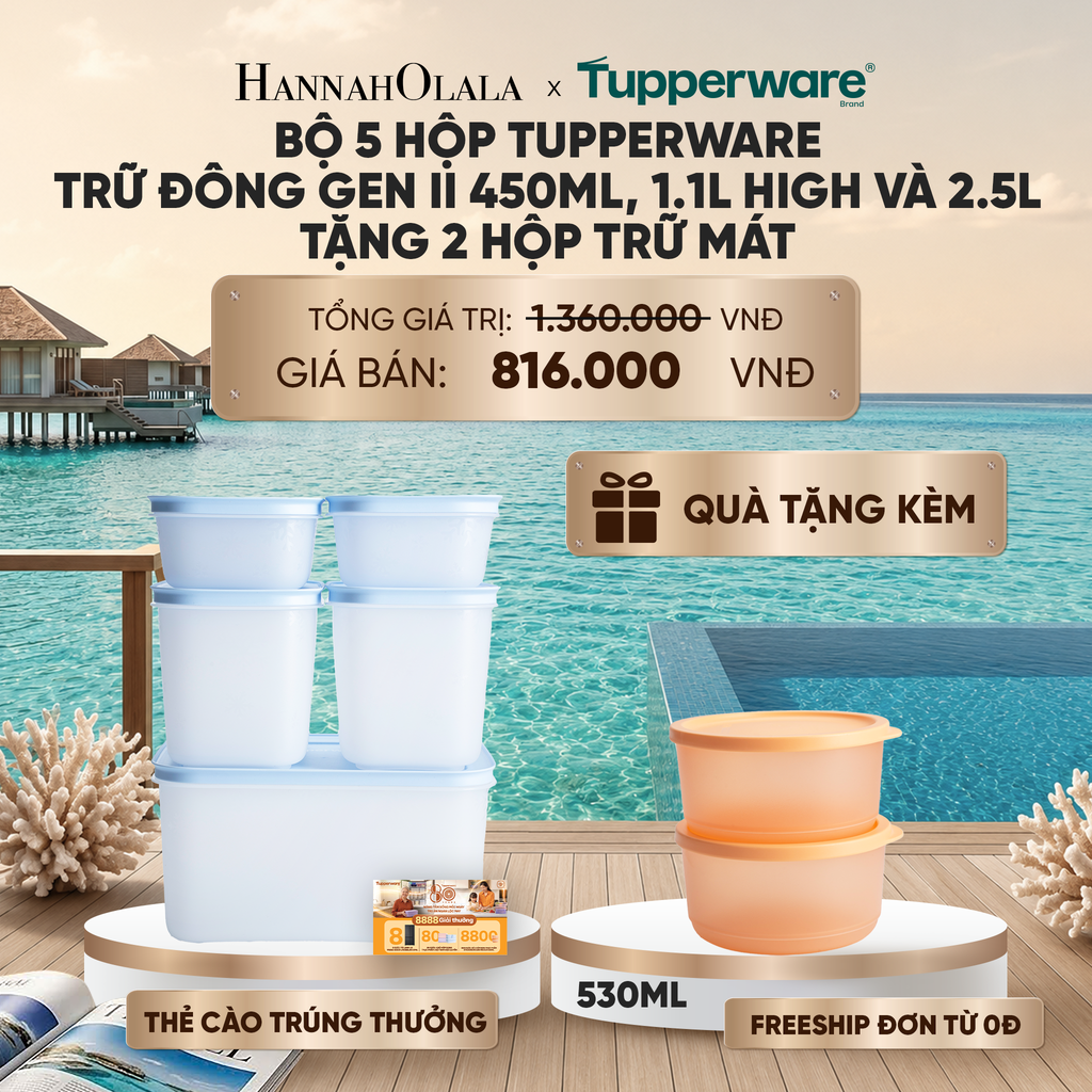  BỘ 5 HỘP ĐỰNG THỰC PHẨM TUPPERWARE TRỮ ĐÔNG GEN II 450ML, 1.1L HIGH VÀ 2.5L TẶNG 2 HỘP TRỮ MÁT_ D1853 