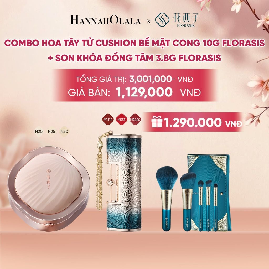  COMBO HOA TÂY TỬ CUSHION BỀ MẶT CONG 10G FLORASIS + SON KHÓA ĐỒNG TÂM 3.8G FLORASIS - A2228 