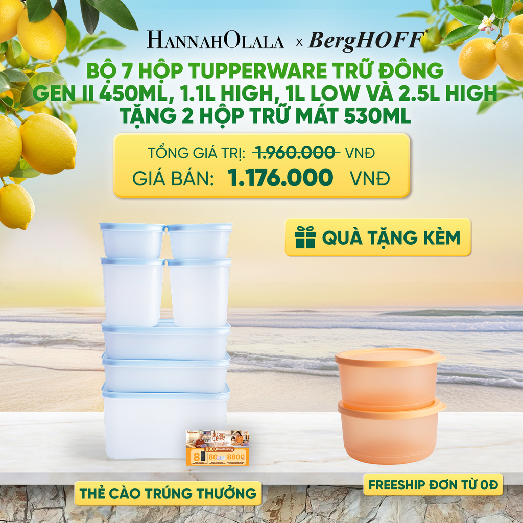  BỘ 7 HỘP ĐỰNG THỰC PHẨM TUPPERWARE TRỮ ĐÔNG GEN II 450ML, 1.1L HIGH, 1L LOW VÀ 2.5L HIGH TẶNG 2 HỘP TRỮ MÁT - DEAL 55 