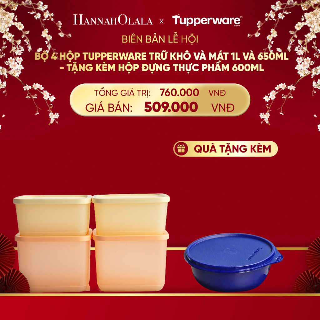  DEAL 5: BỘ 4 HỘP TUPPERWARE TRỮ KHÔ VÀ MÁT CUBIX SQUARE 1L VÀ 650ML - TẶNG KÈM HỘP ĐỰNG THỰC PHẨM 600ML 