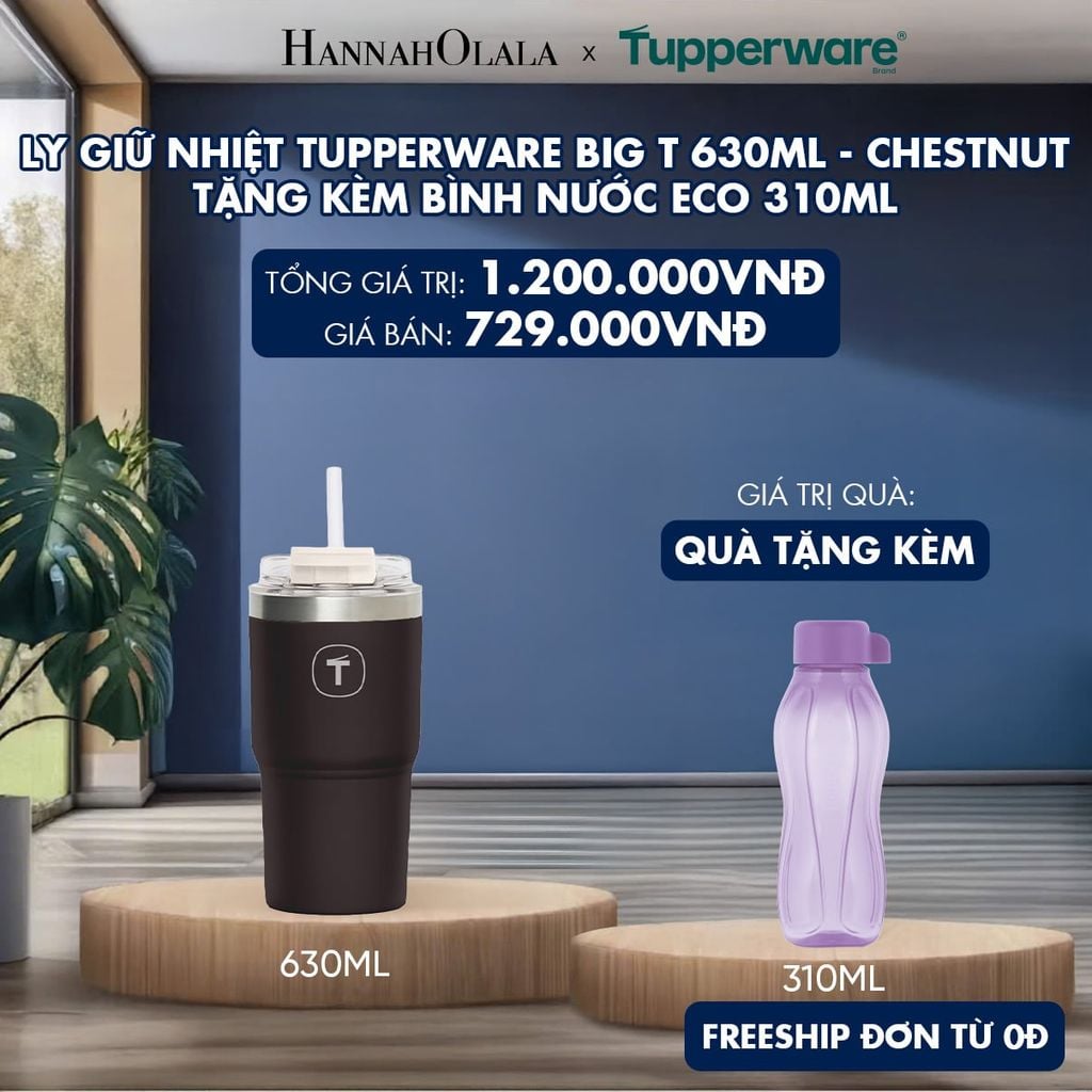  LY GIỮ NHIỆT TUPPERWARE BIG T 630ML - M.I.CREAM - TẶNG KÈM BÌNH NƯỚC ECO 310ML 
