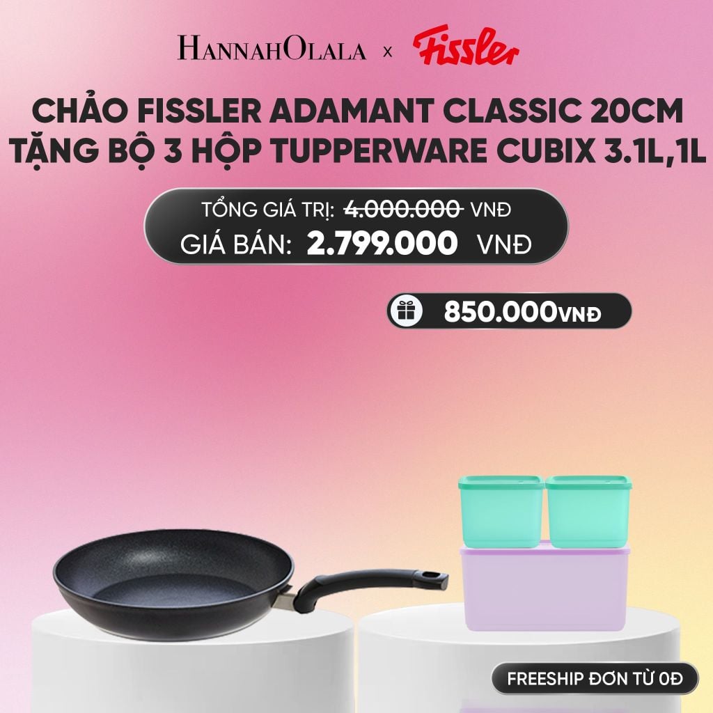  CHẢO FISSLER ADAMANT CLASSIC 20CM TẶNG BỘ 3 HỘP TUPPERWARE TRỮ KHÔ VÀ MÁT CUBIX 3.1L,1L_A1567 