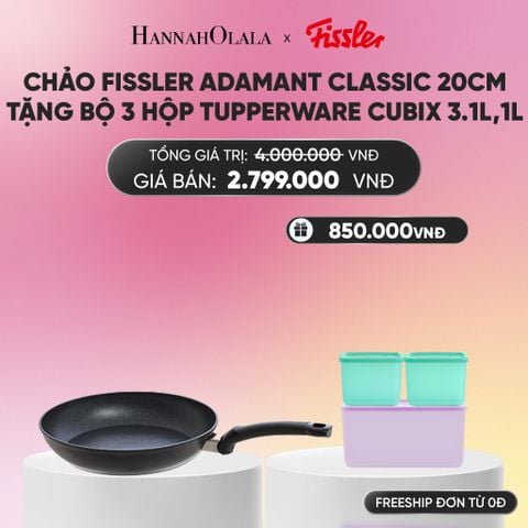  CHẢO FISSLER ADAMANT CLASSIC 20CM TẶNG BỘ 3 HỘP TUPPERWARE TRỮ KHÔ VÀ MÁT CUBIX 3.1L,1L_A1567 