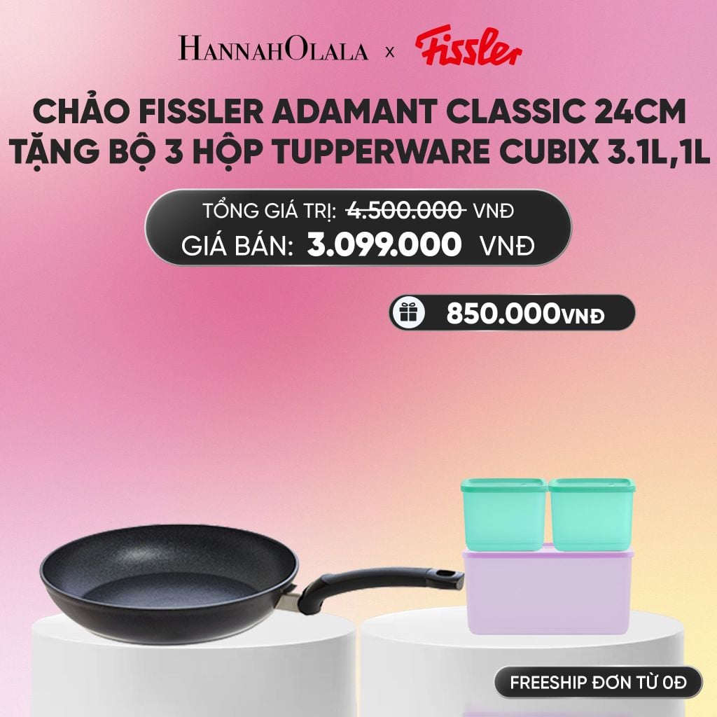  CHẢO FISSLER ADAMANT CLASSIC 24CM TẶNG BỘ 3 HỘP TUPPERWARE TRỮ KHÔ VÀ MÁT CUBIX 3.1L,1L_A1568 