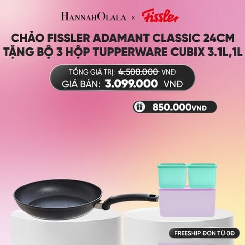  CHẢO FISSLER ADAMANT CLASSIC 24CM TẶNG BỘ 3 HỘP TUPPERWARE TRỮ KHÔ VÀ MÁT CUBIX 3.1L,1L_A1568 