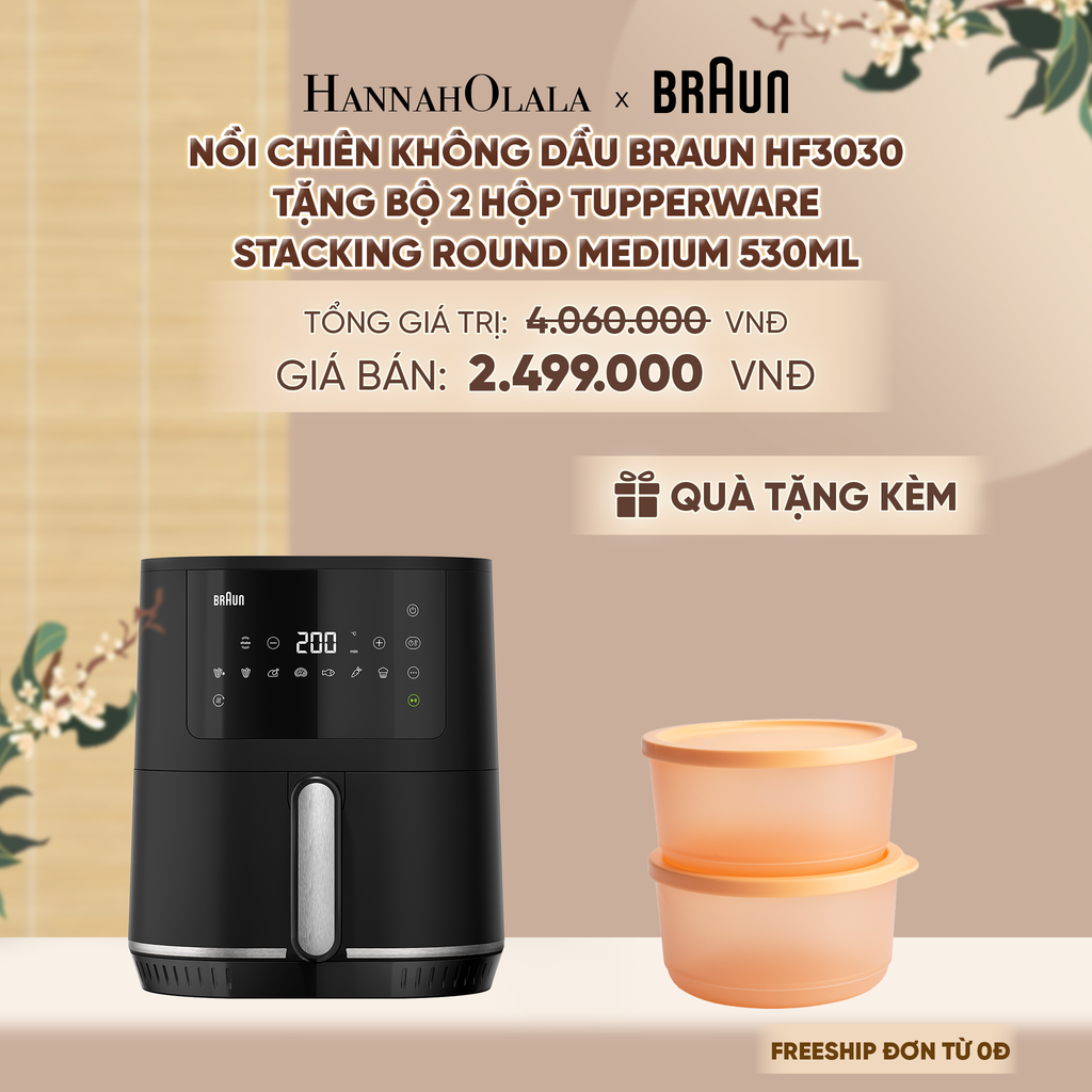  NỒI CHIÊN KHÔNG DẦU BRAUN HF3030 (TẶNG BỘ 2 HỘP ĐỰNG THỰC PHẨM TUPPERWARE TRỮ KHÔ VÀ MÁT STACKING ROUND MEDIUM 530ML) - DEAL 2 - A1524 