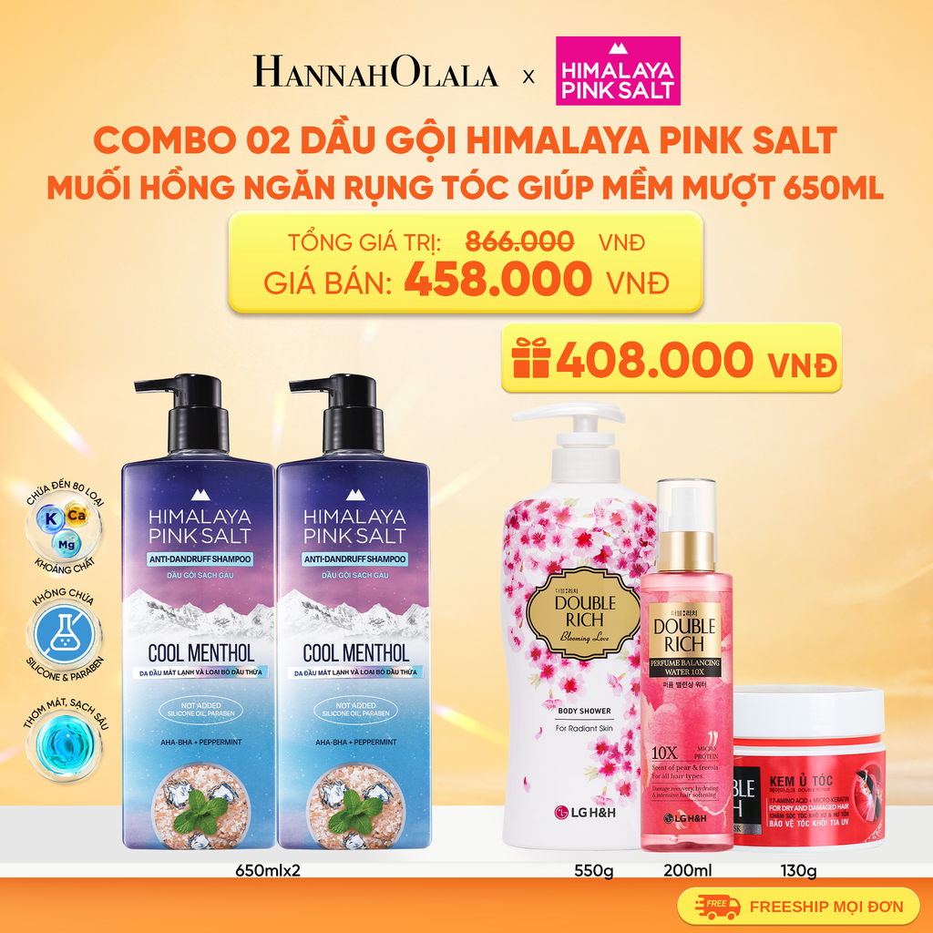  COMBO 02 DẦU GỘI HIMALAYA PINK SALT MUỐI HỒNG CHO DA ĐẦU NGỨA, NGĂN RỤNG TÓC GIÚP MỀM MƯỢT, ÓNG Ả 650ML 