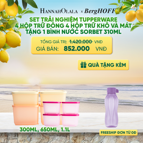  SET TRẢI NGHIỆM TUPPERWARE: 4 HỘP ĐÔNG, 4 HỘP TRỮ KHÔ TẶNG 1 BÌNH NƯỚC SORBET - DEAL 7 