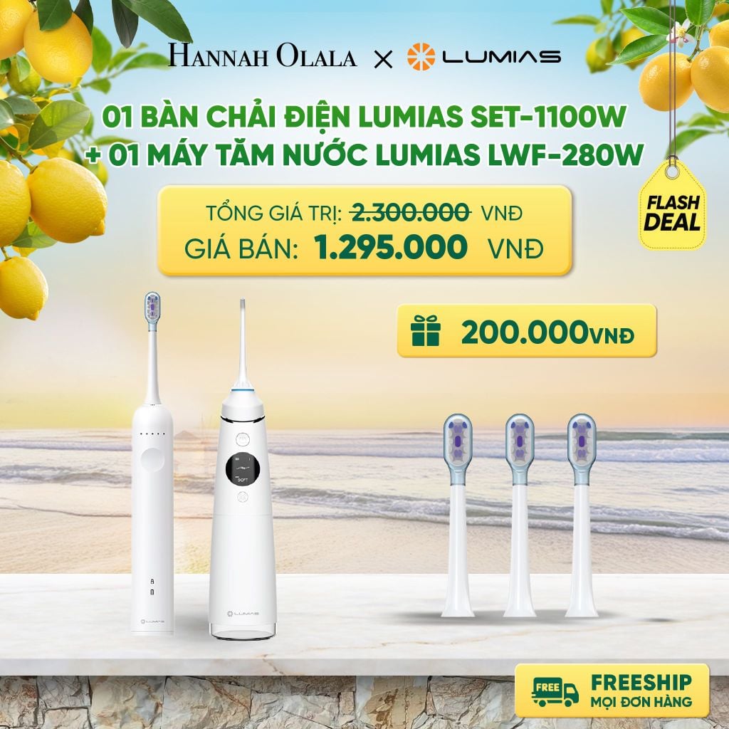  COMBO CHĂM SÓC RĂNG MIỆNG: 01 BÀN CHẢI ĐIỆN LUMIAS SET-1100W + 01 MÁY TĂM NƯỚC LUMIAS LWF-280W (DUNG TÍCH 280ML) DEAL 4: 