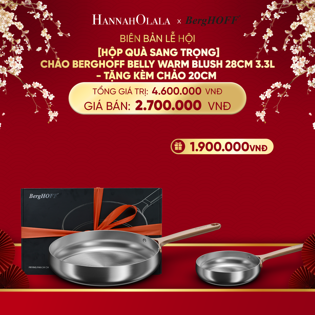  DEAL 5: [HỘP QUÀ SANG TRỌNG] CHẢO BERGHOFF BELLY WARM BLUSH 28CM 3.3L - TẶNG KÈM CHẢO 20CM 