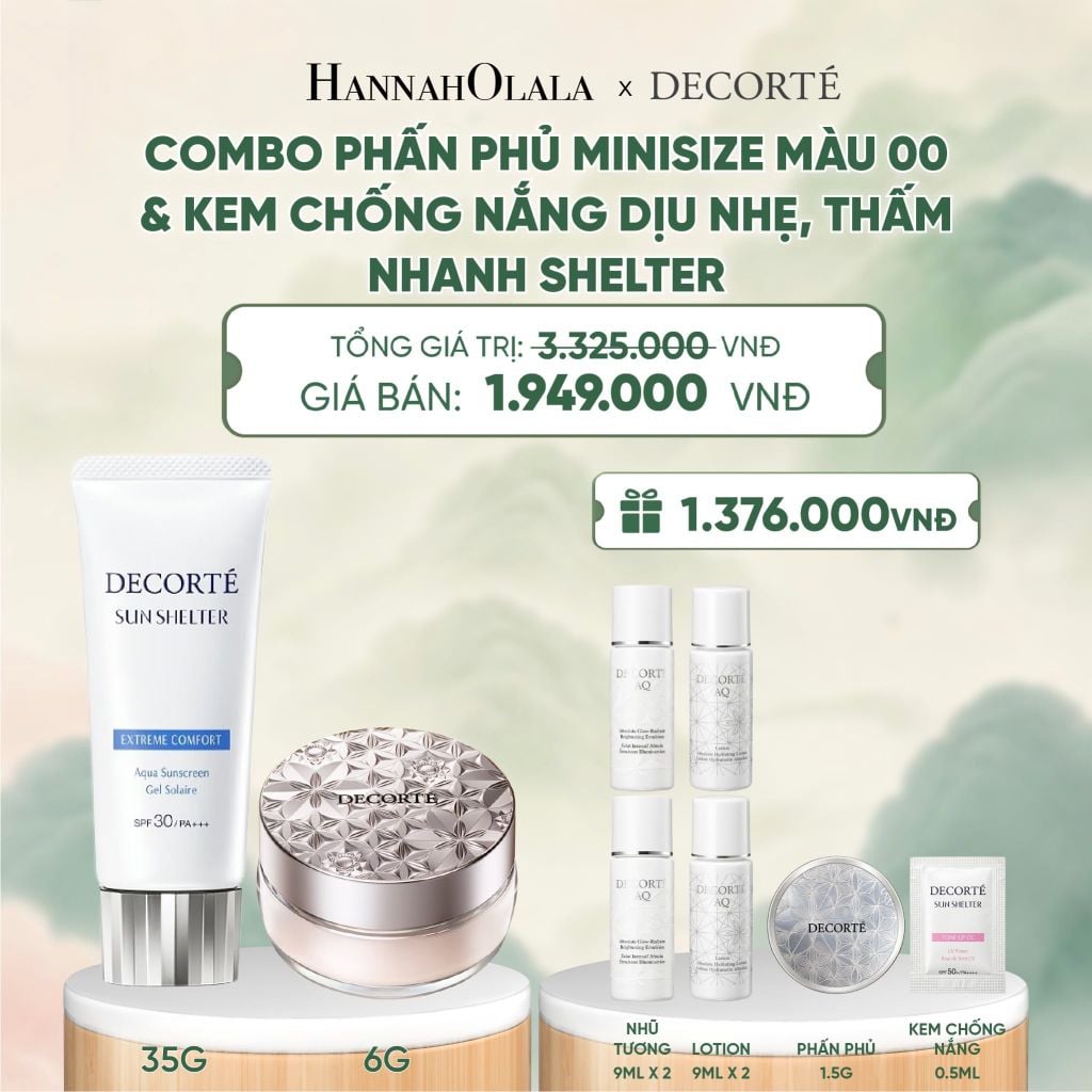  COMBO PHẤN PHỦ MINISIZE MÀU 00 TRONG SUỐT / 01 TRONG SUỐT PHA LÊ & KEM CHỐNG NẮNG DECORTÉ SUN SHELTER - A42 
