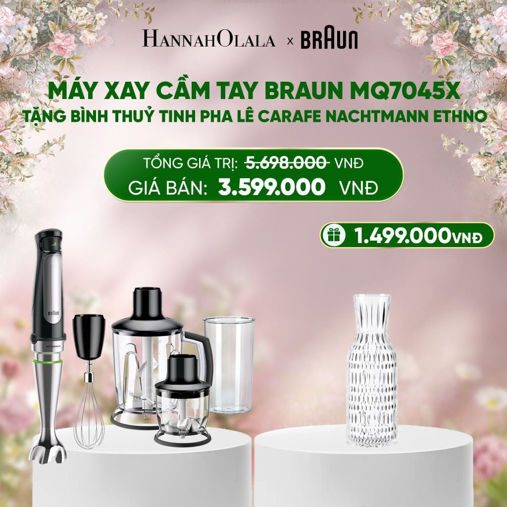 E1379_DEAL 20 : MÁY XAY CẦM TAY BRAUN MQ7045X - TẶNG BÌNH THUỶ TINH PHA LÊ CARAFE NACHTMANN ETHNO 