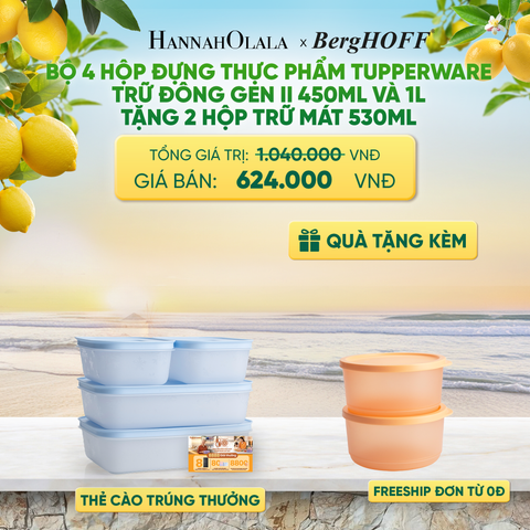  BỘ 4 HỘP ĐỰNG THỰC PHẨM TUPPERWARE TRỮ ĐÔNG GEN II 450ML VÀ 1L TẶNG 2 HỘP TRỮ MÁT - DEAL 53 