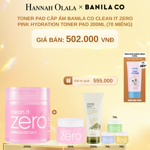  DEAL 3: TONER PAD CẤP ẨM BANILA CO CLEAN IT ZERO PINK HYDRATION TONER PAD 200ML (70 MIẾNG) 