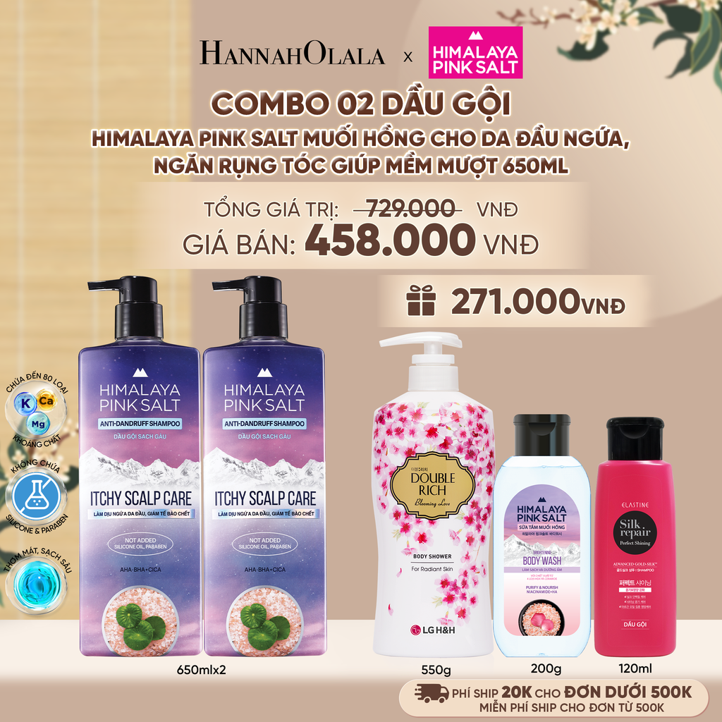  COMBO 02 DẦU GỘI HIMALAYA PINK SALT MUỐI HỒNG CHO DA ĐẦU NGỨA, NGĂN RỤNG TÓC GIÚP MỀM MƯỢT, ÓNG Ả 650ML - A2323 