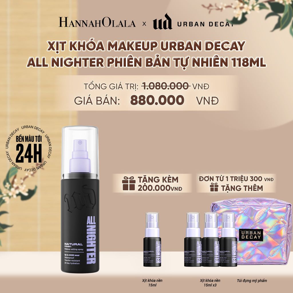  XỊT KHÓA MAKEUP URBAN DECAY ALL NIGHTER SETTING SPRAY 118ML - 24H KHÓA CHẶT MAKEUP, KHÁNG NƯỚC VÀ MỒ HÔI - A199 