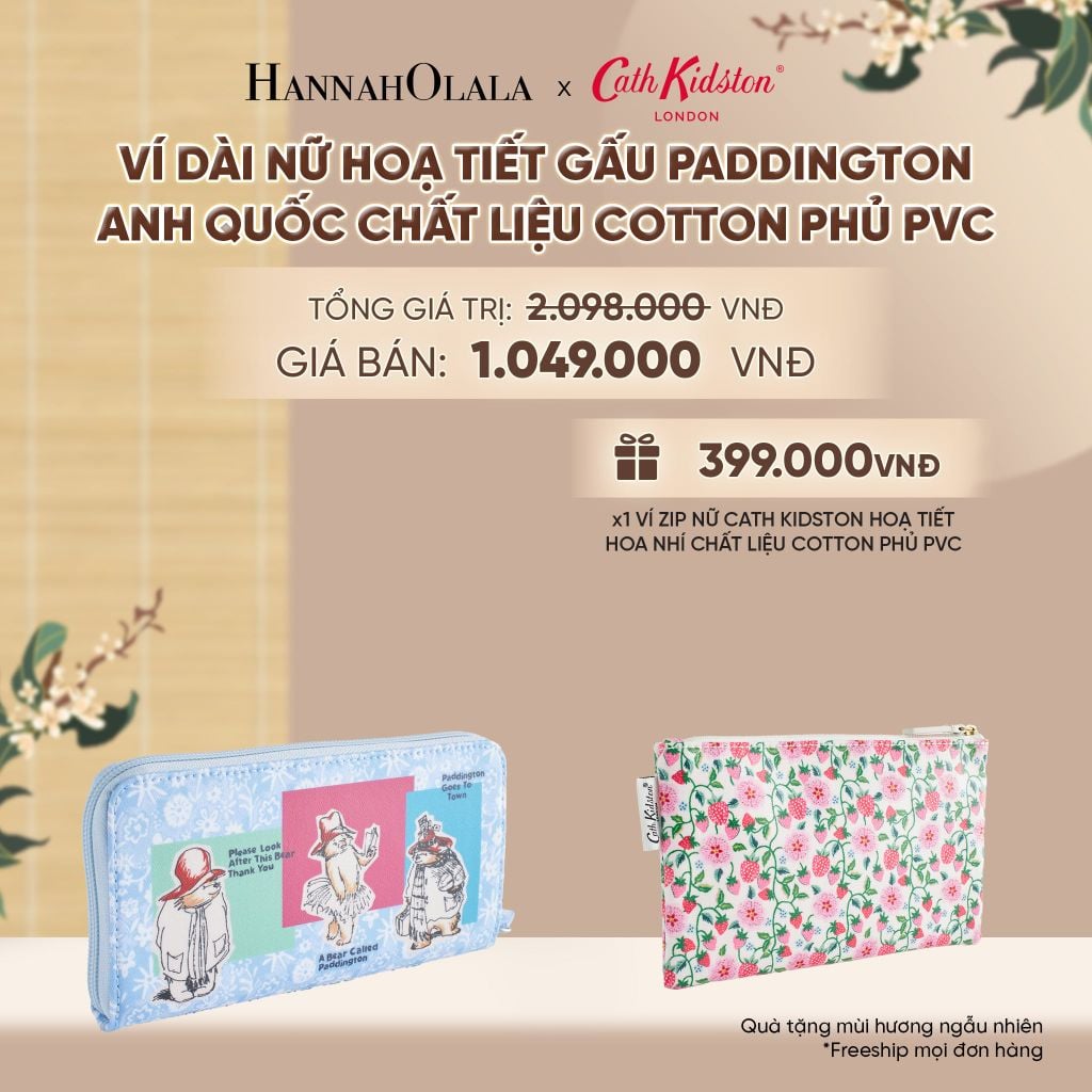  VÍ DÀI NỮ CATH KIDSTON HOẠ TIẾT GẤU PADDINGTON ANH QUỐC CHẤT LIỆU COTTON PHỦ PVC MỜ TRƯỢT NƯỚC - A2413 