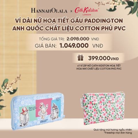  VÍ DÀI NỮ CATH KIDSTON HOẠ TIẾT GẤU PADDINGTON ANH QUỐC CHẤT LIỆU COTTON PHỦ PVC MỜ TRƯỢT NƯỚC - A2413 
