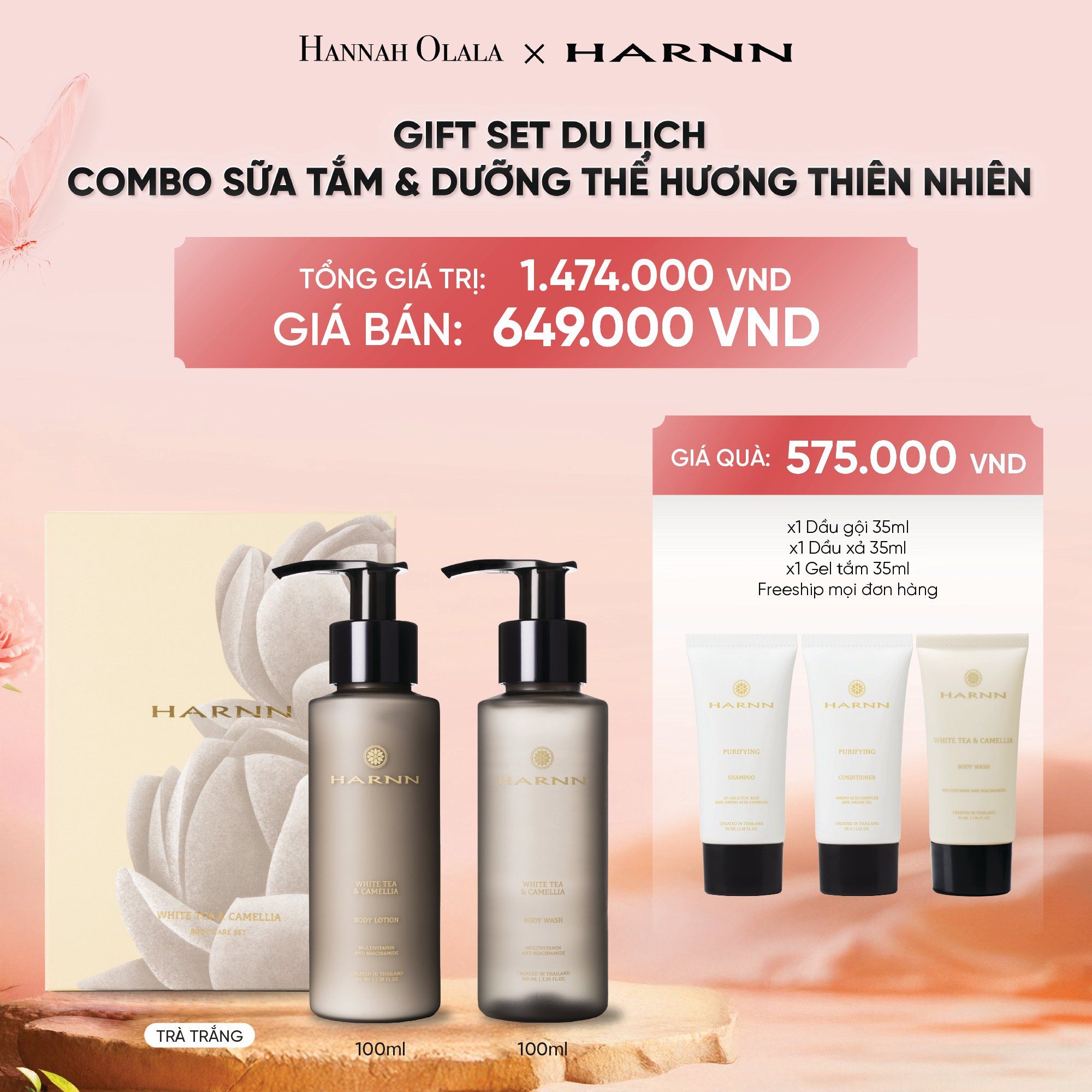  DEAL 7: GIFT SET DU LỊCH HARNN - COMBO SỮA TẮM & DƯỠNG THỂ HƯƠNG THIÊN NHIÊN (100ml x 2pcs) 
