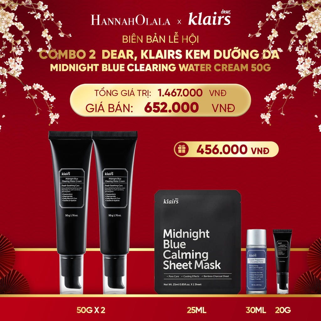  DEAL 8 : COMBO 2 DEAR, KLAIRS KEM DƯỠNG DA MIDNIGHT BLUE CLEARING WATER CREAM 50G 