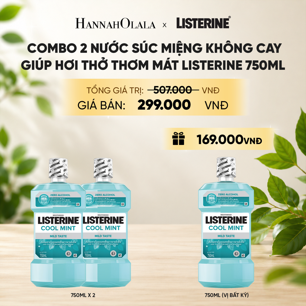  MUA 2 TẶNG 1 NƯỚC SÚC MIỆNG LISTERINE KHÔNG CAY GIÚP HƠI THỞ THƠM MÁT COOL MINT ZERO 750ML 