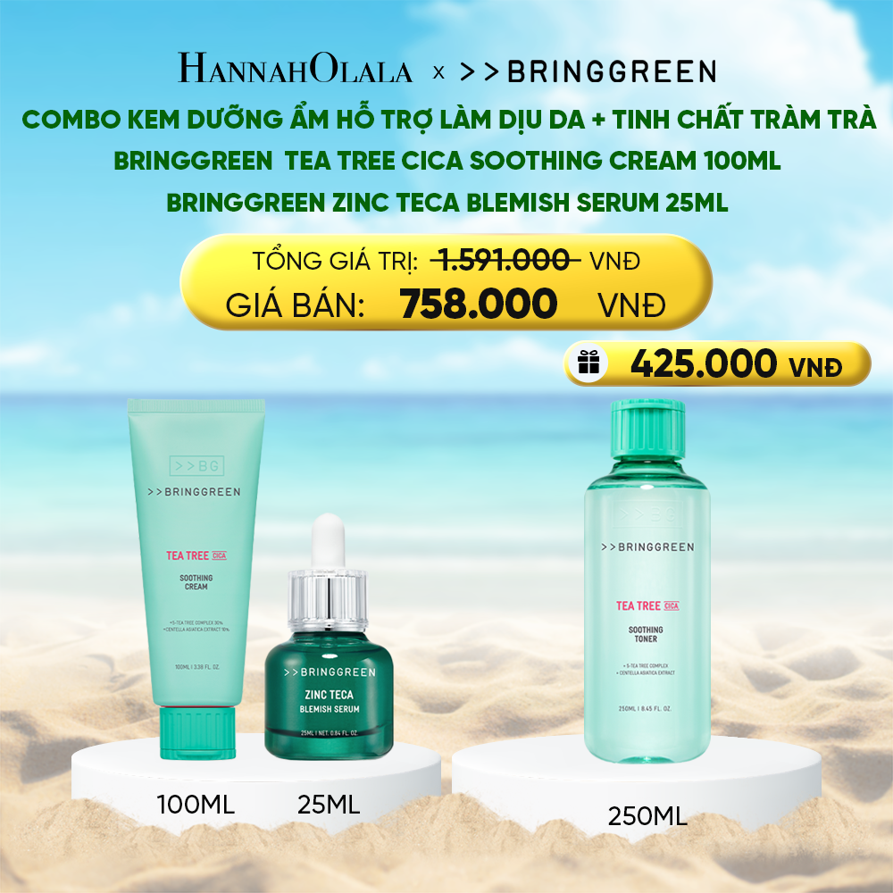 Combo Kem Dưỡng Ẩm Bring Green Tea Tree Cica Soothing Cream 100ml + Tinh Chất Tràm Trà Bring Green Zinc Teca Blemish Serum 25ml