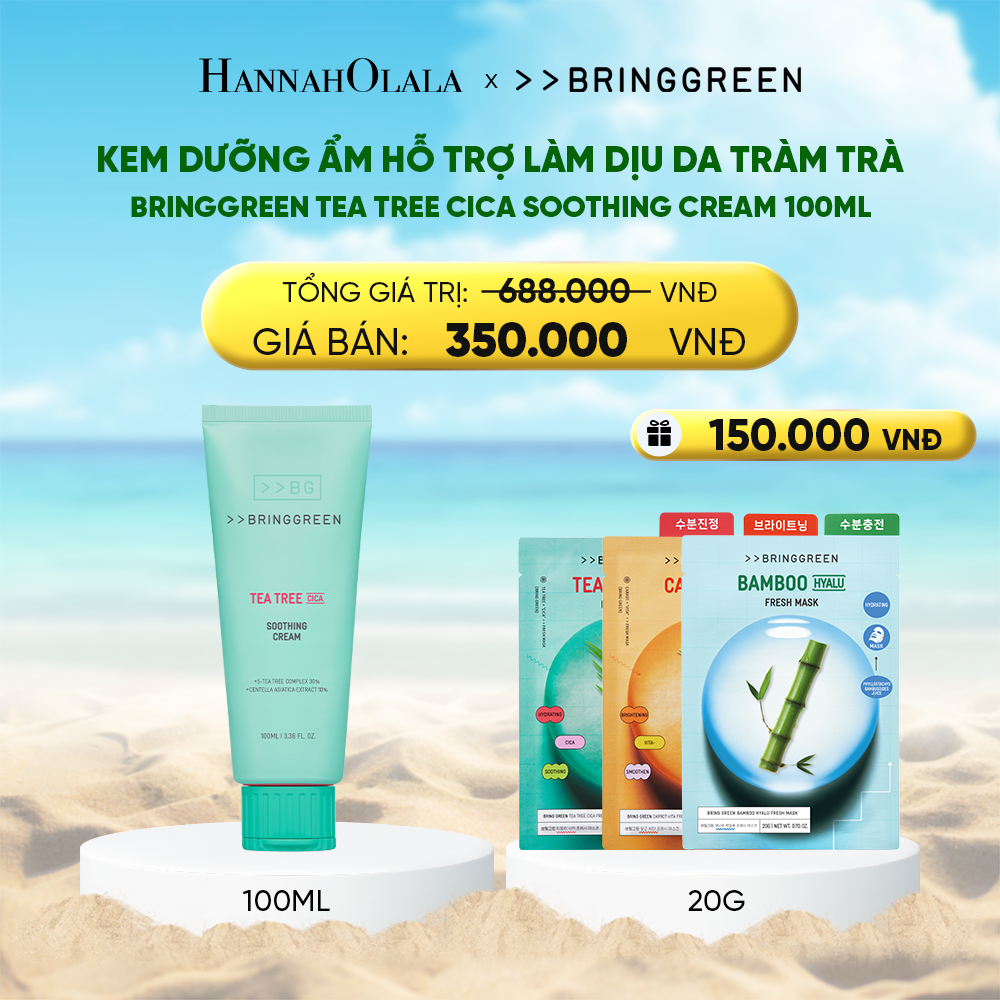 A1499_deal 6: kem dưỡng ẩm hỗ trợ làm dịu da tràm trà bring green tea tree cica soothing cream 100ml