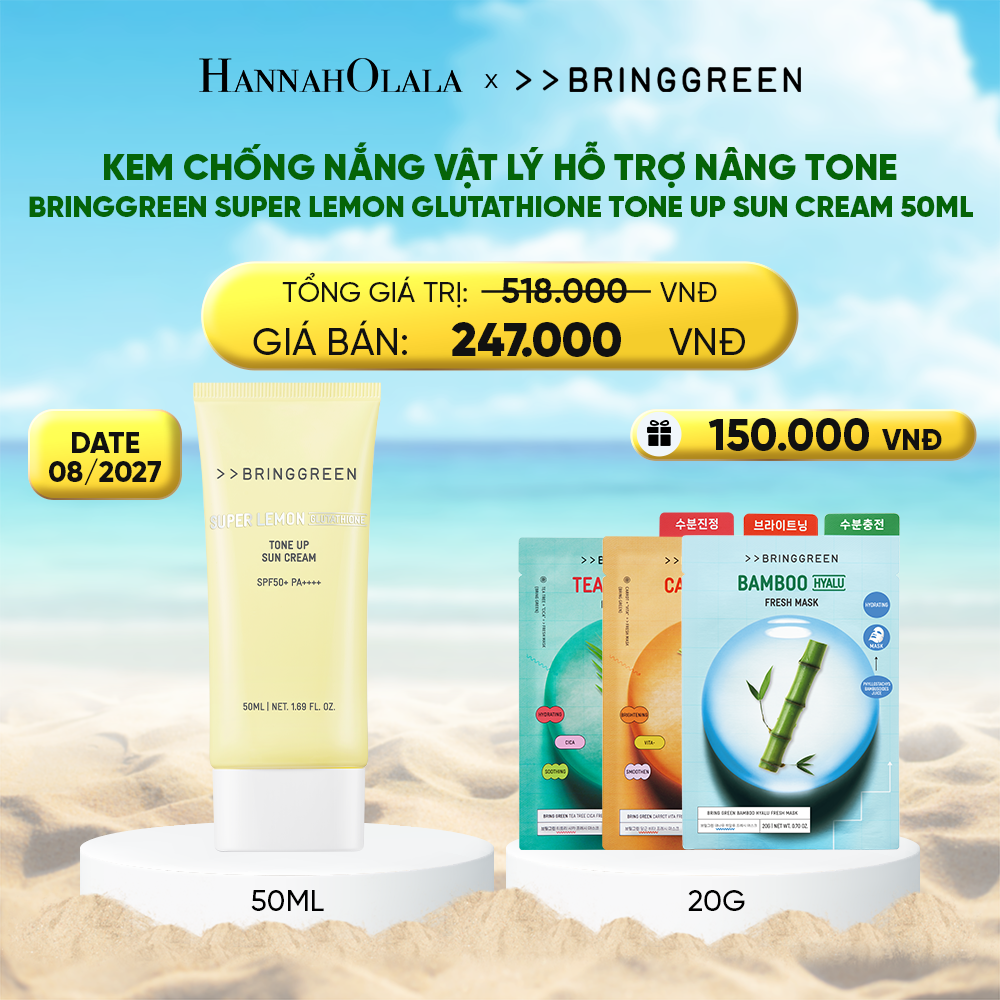 KEM CHỐNG NẮNG VẬT LÝ HỖ TRỢ NÂNG TONE BRING GREEN SUPER LEMON GLUTATHIONE TONE UP SUN CREAM 50ML 
