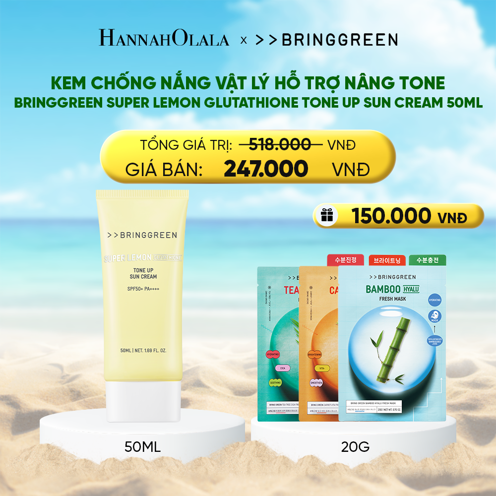 A1495_deal 2: kem chống nắng vật lý hỗ trợ nâng tone bring green super lemon glutathione tone up sun cream 50ml
