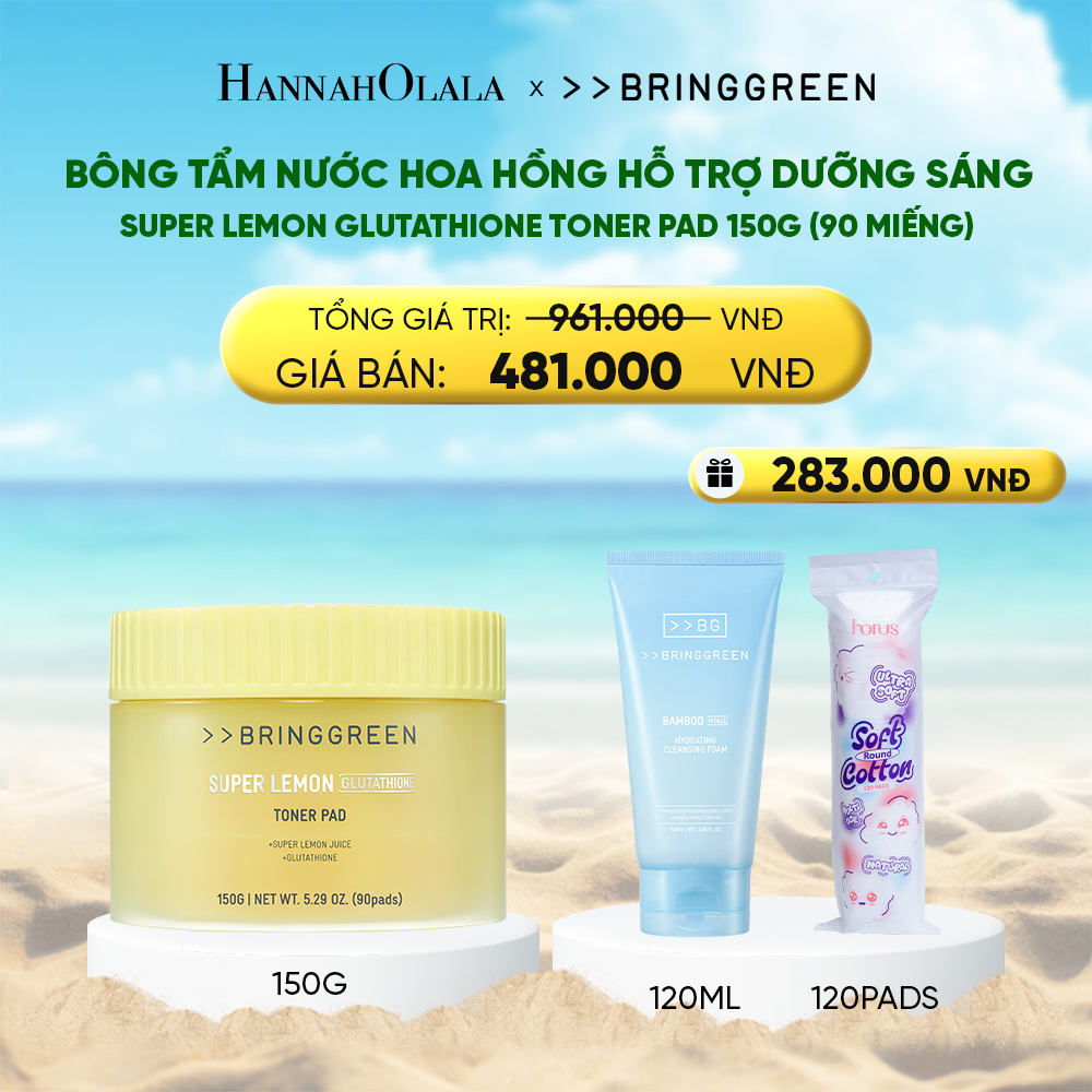  DEAL 8: BÔNG TẨM NƯỚC HOA HỒNG HỖ TRỢ DƯỠNG SÁNG BRING GREEN SUPER LEMON GLUTATHIONE TONER PAD 150G (90 MIẾNG) 