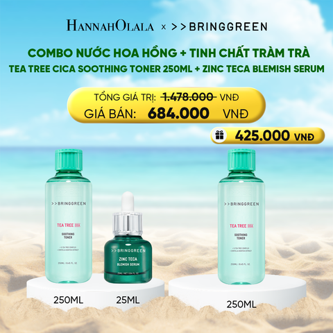  DEAL 9: COMBO NƯỚC HOA HỒNG TRÀM TRÀ BRING GREEN TEA TREE CICA SOOTHING TONER 250ML + TINH CHẤT TRÀM TRÀ BRING GREEN ZINC TECA BLEMISH SERUM DÀNH CHO DA DẦU MỤN 25ML 